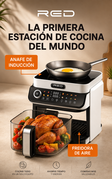 Anafe de Inducción + Freidora de Aire Colorcook MC550W Roja con Bowl de Vidrio Ecológico de 5,5 L